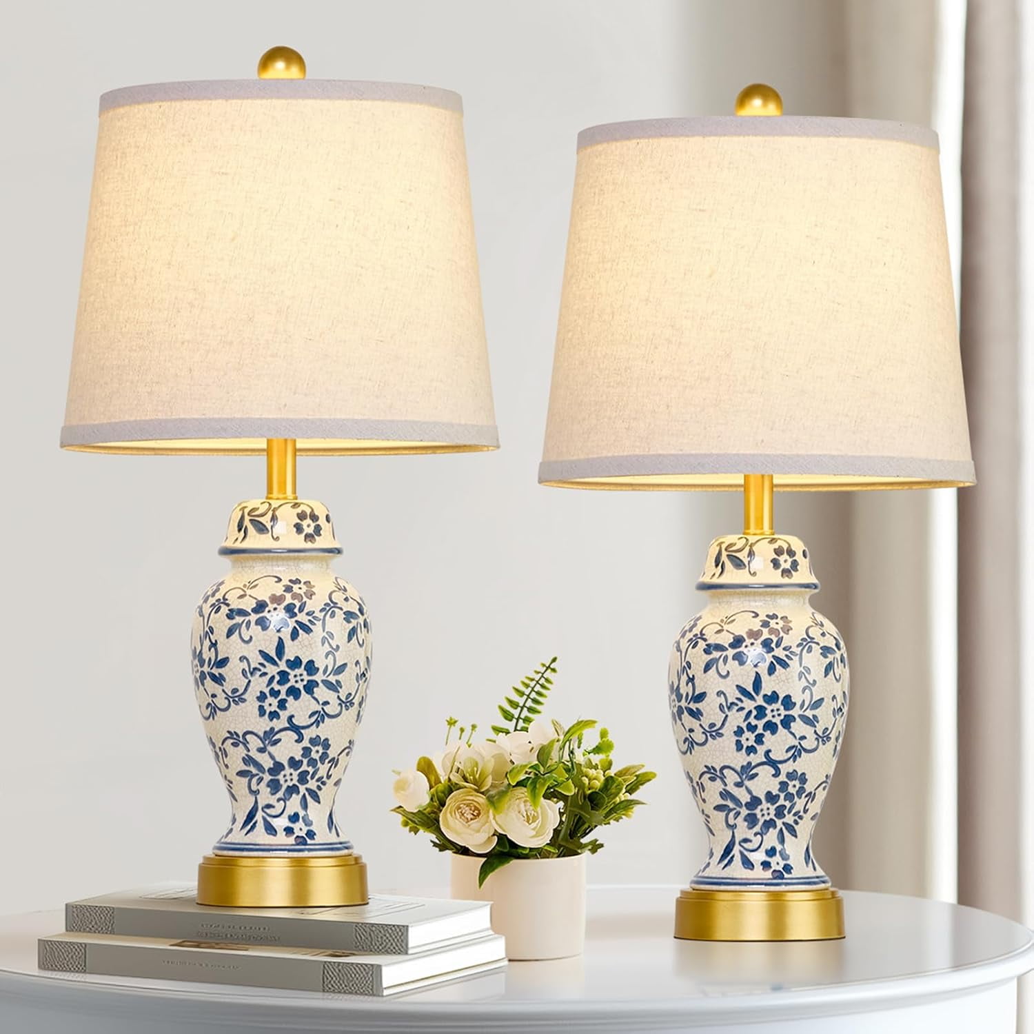 23" Blue Table Lamp, Farmhouse Bedside Lamps For Bedroom Set Of 2, Ceramic End Table Lamps,Traditional Nightstand Desk Lamps - Bed Bath & Beyond - 40369111