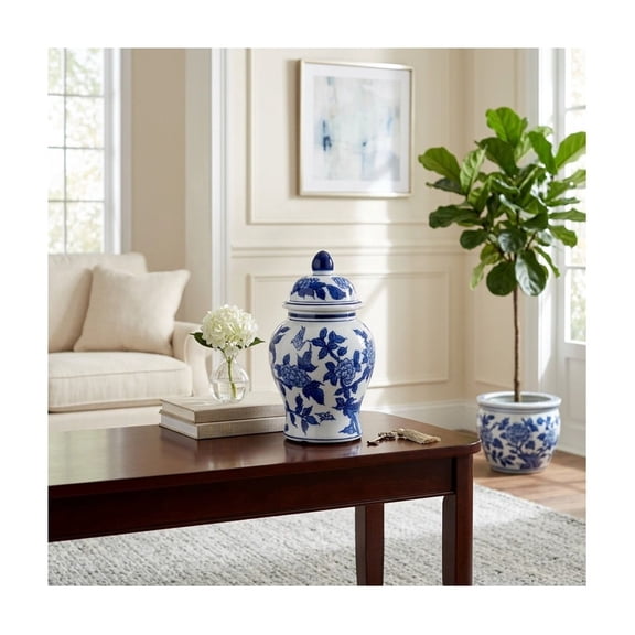 Classic Ceramic Temple Jar Vase with Lid for Living Room and Home Decor - Traditional Flower Vase Accent for Room, Bedroom or Office Display - Refined Table Decor for House Accent - 9", Blue & White