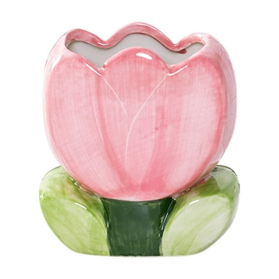 Chinoiserie Ceramic Tulip Desktop Organizer - Cute Flower Pen Pot Makeup Brush Holder Mini Flowerpot Office) Decor Gift (Pink/A)