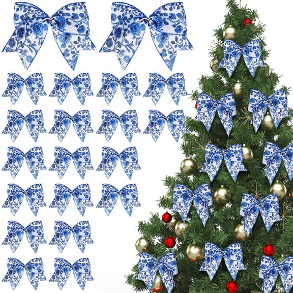 Chinoiserie Christmas Tree Bows 20 Pcs 6 Inch Blue White Ribbon Decorations