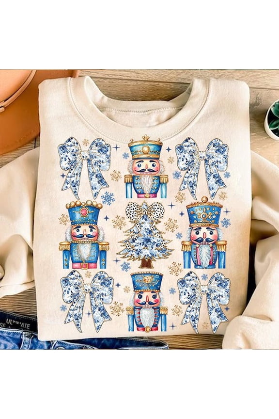 Chinoiserie Christmas Tree Sweater, Gold Glitter Nutcracker Blue Floral Bow Preppy Coquette Sweatshirt