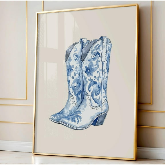 Chinoiserie Cowgirl Boot Print, Blue Western Room Decor, Cowgirl Wall Art, Chinoiserie Wall Art, Preppy Room Decor, Trendy Blue Prints Wall Art, Modern Wall Decor, 8x12 UNFRAMED