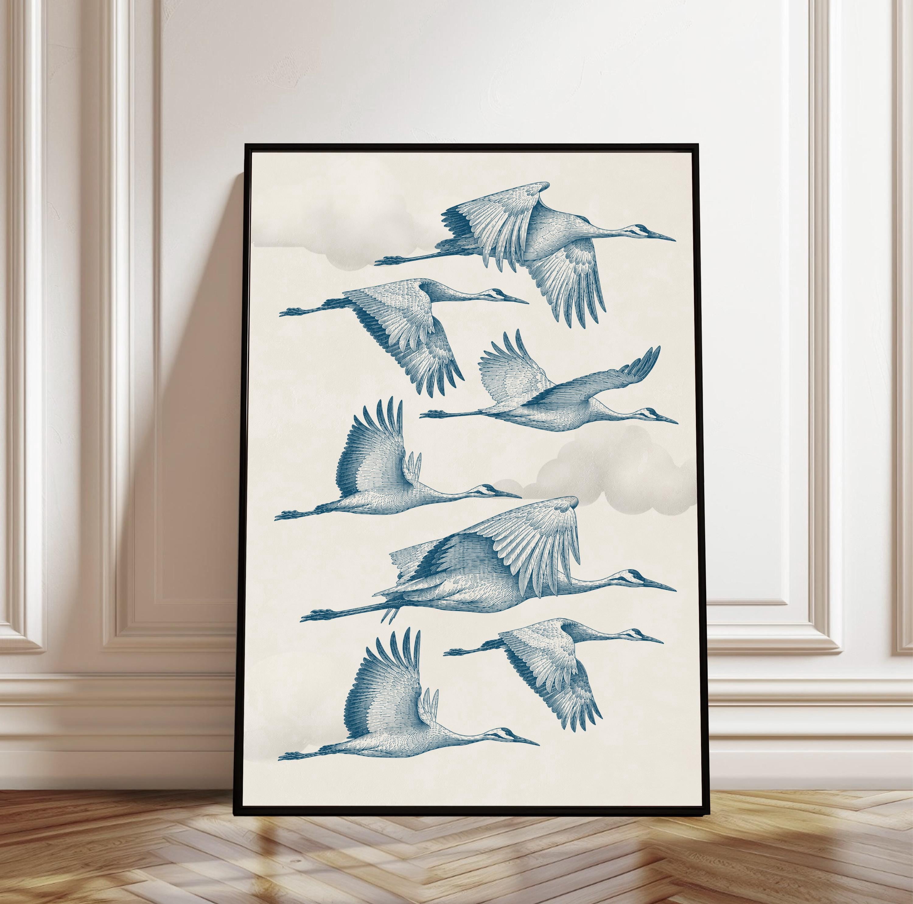 Chinoiserie Crane Art Print, Retro Flying Herons Botanical Poster ...