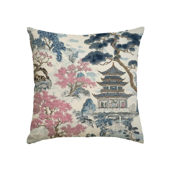 Chinoiserie Decorative Pillow Covers, Pink Blue Pagodas Throw Pillow Case Decoration, Farmhouse Linen Cushion Covers for Couch Sofa Bedroom Living Room Home Decor