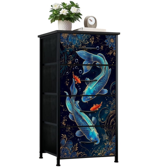 Chinoiserie Dresser for Bedroom with 4 Storage Drawers Blue Gold Koi Fish Floral Bubble Accents Elegant Dark Dressers Chest of Drawers Steel Framed Fabric Closet Organizers for Dorm Entryway