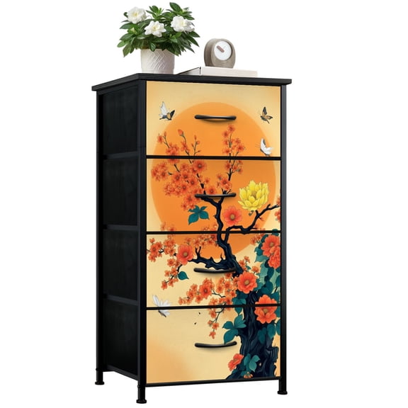 Chinoiserie Dresser for Bedroom with 4 Storage Drawers Cherry Blossom Tree Orange Sun Butterflies Asian Inspired Floral Dressers Chest of Drawers Steel Framed Fabric Closet Organizers for Dorm