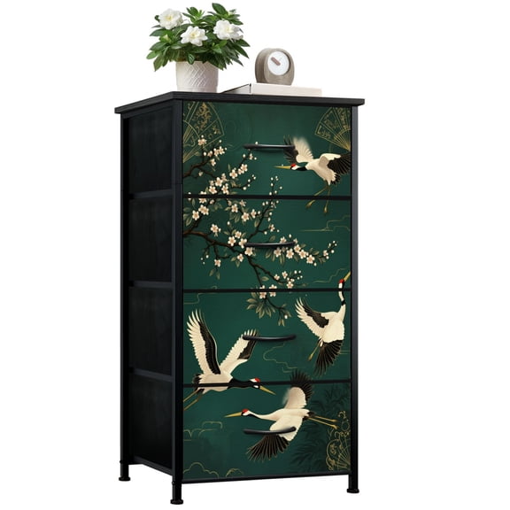 Chinoiserie Dresser for Bedroom with 4 Storage Drawers Cranes Cherry Blossom Branches Emerald Green Asian Dressers Chest of Drawers Steel Framed Fabric Closet Organizers for Dorm Entryway