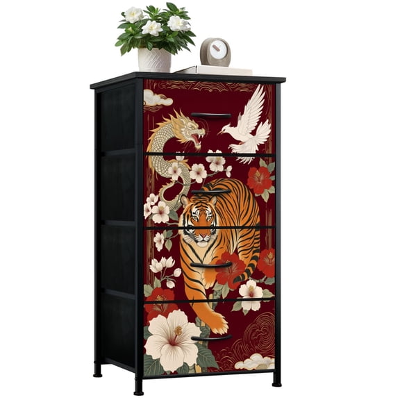 Chinoiserie Dresser for Bedroom with 4 Storage Drawers Majestic Tiger Dragon Floral Elements Traditional Eastern Dressers Chest of Drawers Steel Framed Fabric Closet Organizers for Dorm Entryway