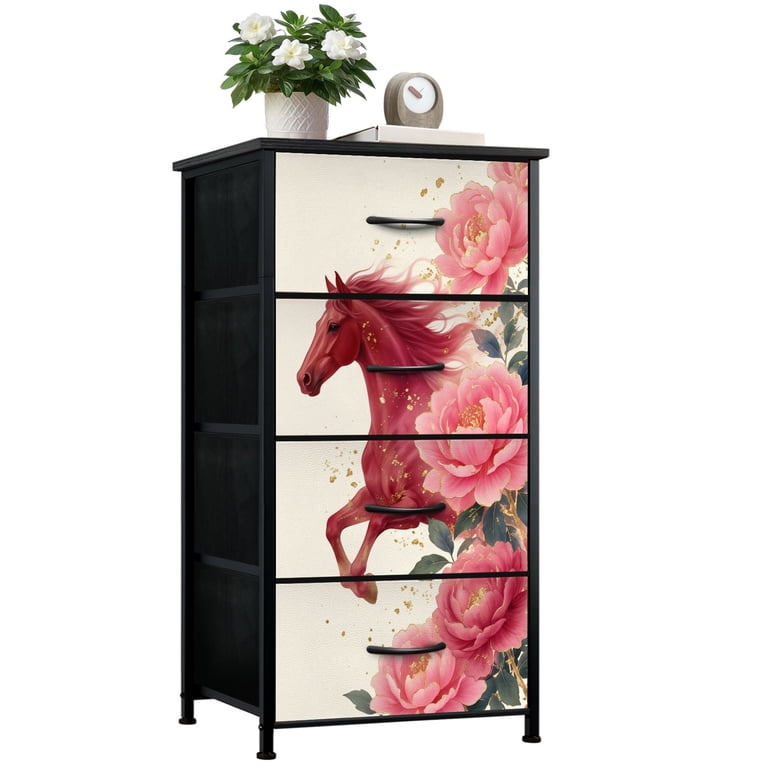 Chinoiserie Dresser for Bedroom with 4 Storage Drawers Red Horse Pink Peony Flowers Elegant Asian Floral Gold Dressers Chest of Drawers Steel Framed