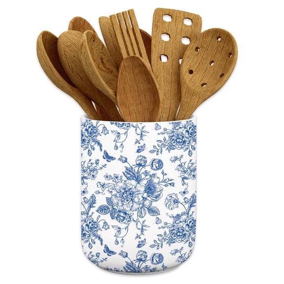 Chinoiserie Floral Ceramic Utensil Holder Blue Flower Butterfly Kitchen Countertop Storage Organizer