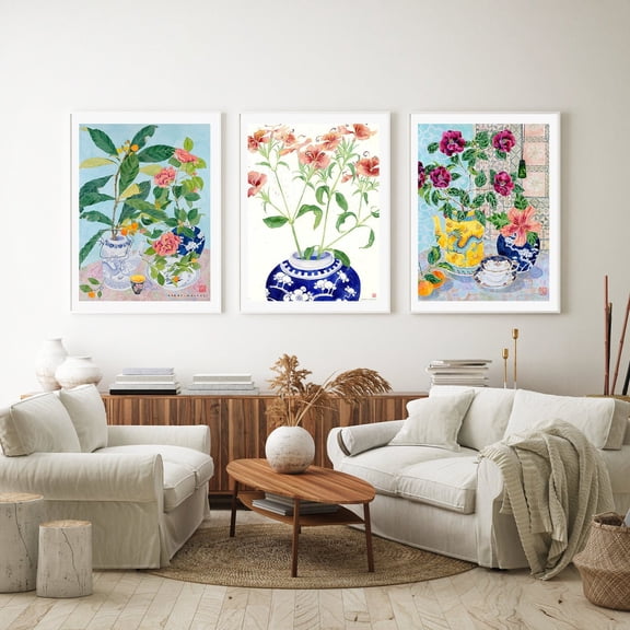 Chinoiserie Floral Fruit Wall Art Print Set, Chinese Ceramic Still Life Decor