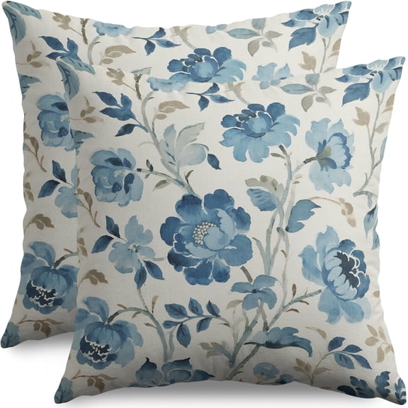 Chinoiserie Floral Pillow Covers 16x16 Inch Set of 2, Blue Vintage Flower Pattern Rustic Farmhouse Decorative Throw Pillow Cases Spring Summer Seasonal Cushion Covers Outdoor Decor for Sofa Couch Bed
