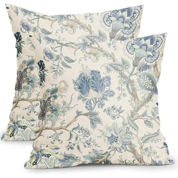 Chinoiserie Floral Pillow Covers 16x16 Inch Set of 2 Rustic Blue Flower Trees Outdoor Decorative Throw Pillow Covers Vintage Farmhouse Pillow Cases Cotton Linen Cushion Covers for Couch Bed Sofa Decor