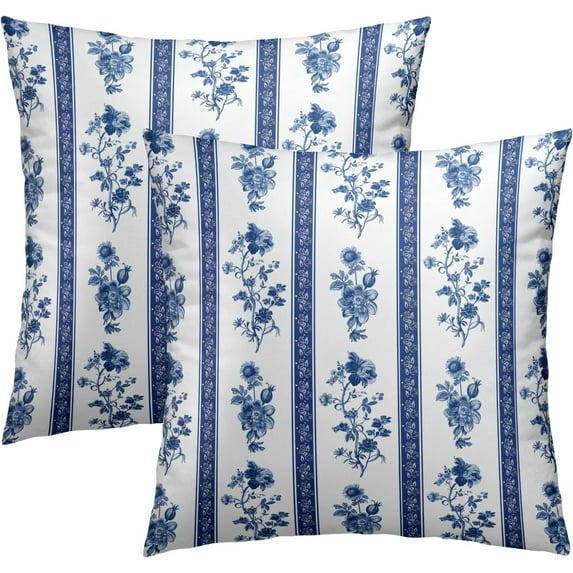 Chinoiserie Floral Pillow Covers 18x18 Inch Neutral Floral Blue Striped Pillowcases Set of 2 Vintage Throw Farmhouse Outdoor Decorative Cushion for Couch Bed Chair Home Decor