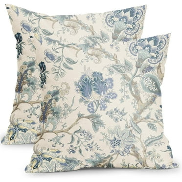 Chinoiserie Floral Pillow Covers 18x18 Inch Set of 2 Rustic Blue Flower Trees Outdoor Decorative Throw Pillow Covers Vintage Farmhouse Pillow Cases Cotton Linen Cushion Covers for Couch Bed Sofa Decor