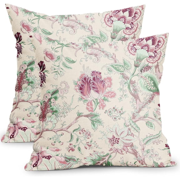 Chinoiserie Floral Pillow Covers 18x18 Inch Set of 2 Rustic Pink and Green Flower Trees Botanical Outdoor Decorative Throw Pillow Covers Vintage Farmhouse Pillow Cases for Couch Decor