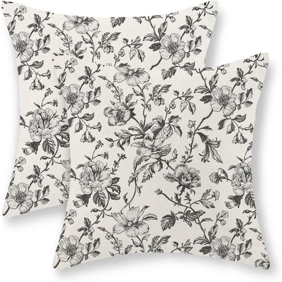 Chinoiserie Floral Pillow Covers 18x18 Set of 2 Black and Cream Floral Decorative Throw Pillow Covers Vintage Rustic Toile Flower Pillowcase Outdoor Decor Linen Cushion Case for Couch Sofa