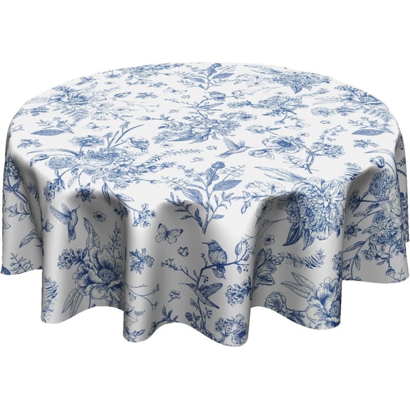 Chinoiserie Floral Round Tablecloth 60 Inch,Traditional Blue White Birds Flowers Reusable Washable Polyester Table Cloth Cover for Holiday Picnic Dinner Table Decor