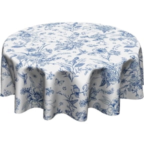 Chinoiserie Floral Round Tablecloth 60 Inch,Traditional Blue White Birds Flowers Reusable Washable Polyester Table Cloth Cover for Holiday Picnic Dinner Table Decor