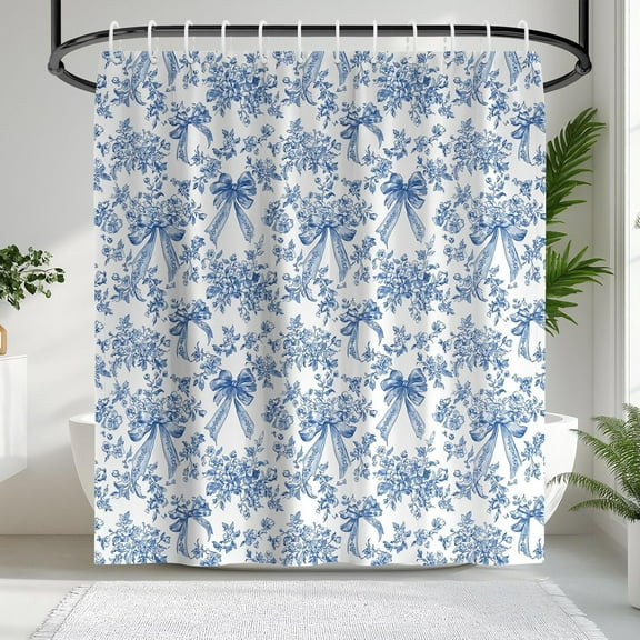 Chinoiserie Floral Shower Curtain,Waterproof Fabric with Hooks, Elegant Blue Bow and Vintage Flower Design,Bathroom Decor for Home or Apartment-72"W x 74"L (Pack of 1)