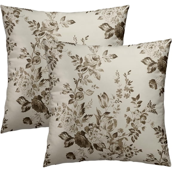 Chinoiserie Floral Throw Pillow Cover 18x18 Inch Pack of 2 Dark Brown Floral Cushion Pillow Case Square Gray Vintage Rustic Flowers Pillowcase for Holiday Party Bed Sofa Home Car Bedroom Outdoor