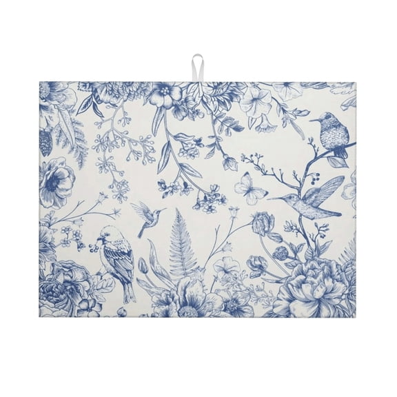 Chinoiserie Flowers Dish Drying Mat for Kitchen Counter, Vintage Blue Floral Birds Ultra Absorbent Reversible Dish Drainer Mats Plate Holder 18" x 24"