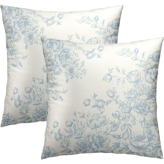 Chinoiserie Flowers Throw Pillow Covers 18x18 Set of 2, Vintage Light Blue Floral Square Pillow Cases Zippered Cotton Cushion Cover for Couch Bed Sofa Bedroom Livingroom Decor
