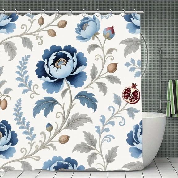 Chinoiserie Flowers Trees Blue Print Shower Curtain,Modern Fabric Waterproof Shower Curtain Set with Hooks 70.8×70.8Inch (180×180cm)