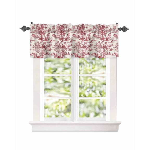 Chinoiserie Garden Asian Scenic Curtain Valances for Kitchen Windows,Rod Pocket Short Valance Pavilion Hill Boat Tree Red Window Treatment for Living Room Bathroom Bedroom,42" x 18"-1 Panel