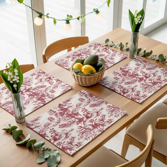 Chinoiserie Garden Asian Scenic Placemats Set of 4,Wipeable Washable Table Mats for Dining Tables, Pavilion Hill Boat Tree Red Place Mats for Kitchen Event Party Tabletop Decor
