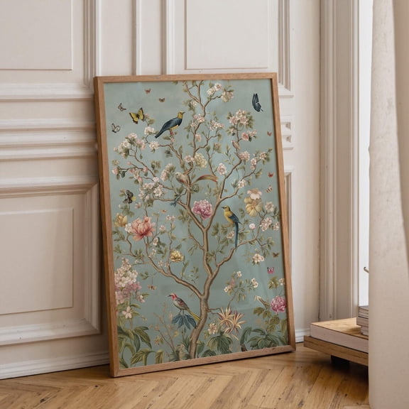 Chinoiserie Garden Wall Art, Vintage Bird And Butterfly Print, Unframed Paper Poster 24x36in