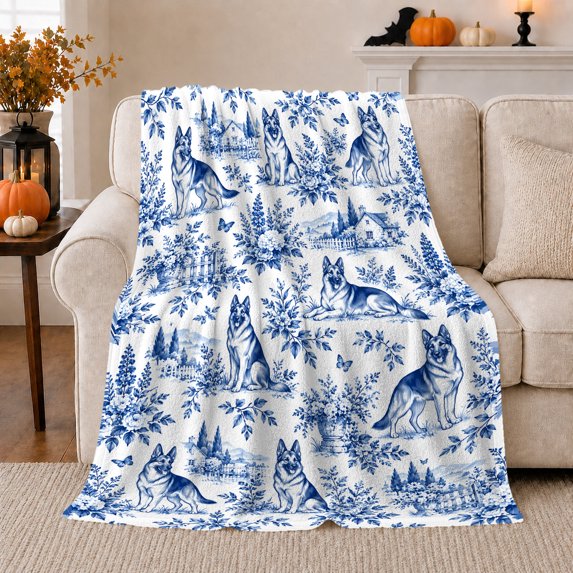 Chinoiserie German Shepherd Dog Garden Scene, Festive Pet Portrait Pattern, Warm Flannel Blanket for Living Room and Reading Nook, Dog Lovers Friendship Gift, Pet Lover Home Decor