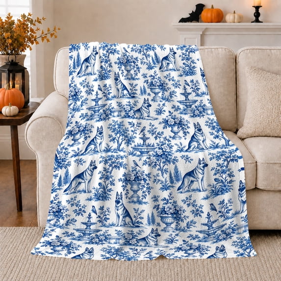 Chinoiserie German Shepherd Garden Scene, Festive Pet Portrait Pattern, Warm Flannel Blanket for Living Room and Bedroom, Dog Lovers Just Because Gift, Pet Lover Home Decor