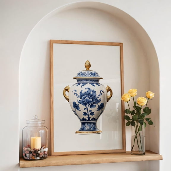 Chinoiserie Ginger Jar Art Print, Blue Floral Vase Home Decor #2628, Unframed Poster Size 8x12
