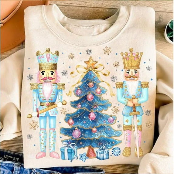 Chinoiserie Glitter Christmas Tree Sweater, Coquette Nutcracker Pink Preppy Holiday Sweatshirt