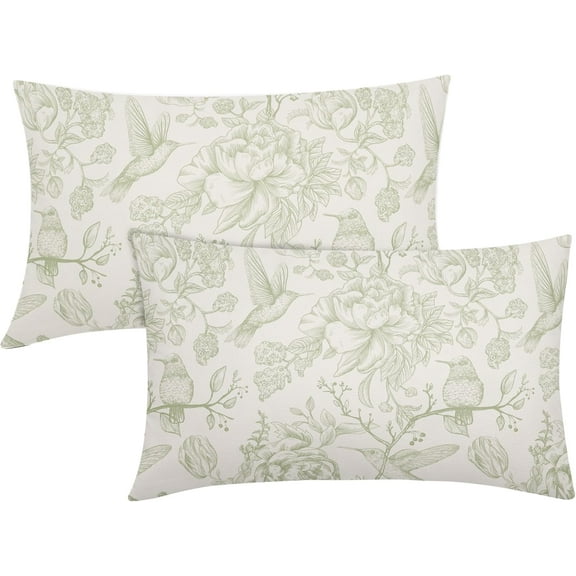 Chinoiserie Green White Floral Lumbar Pillow Covers 12X20 Inch French Country Vintage Flowers Bird Pillow Cases Set of 2 Seasonal Cotton Linen Throw Pillows Farmhouse Home Decor for Sofa Couch