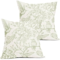 Chinoiserie Green White Floral Pillow Covers 18X18 Inch French Country Vintage Flowers Bird Decorative Pillow Cases Set of 2 Seasonal Cotton Linen Throw Pillows Farmhouse Home Decor For Sofa Couch