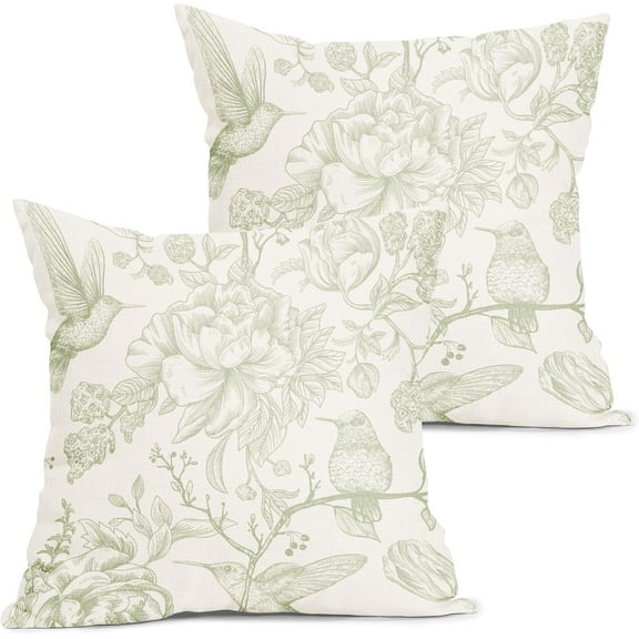 Chinoiserie Green White Floral Pillow Covers 18X18 Inch French Country Vintage Flowers Bird Decorative Pillow Cases Set of 2 Seasonal Cotton Linen Throw Pillows Farmhouse Home Decor For Sofa Couch