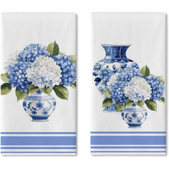 Chinoiserie Hydrangea Flower Kitchen Dish Towels Set of 2, Blue and White Porcelain Vase Floral Drying Hand Towel Baking Cooking Cloth, Vintage Spring Summer Bathroom Home Decoration 18'' x 26''