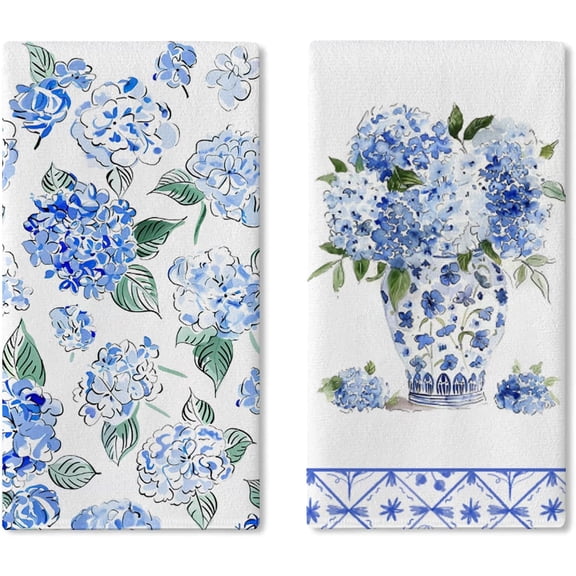 Chinoiserie Hydrangea Flower Kitchen Dish Towels Set of 2, Blue and White Porcelain Vase Floral Drying Hand Towel Baking Cooking Cloth, Vintage Spring Summer Bathroom Home Decoration 18'' x 26''