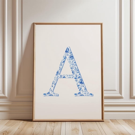 Chinoiserie Initial Wall Art Print, Blue Toile Monogram Home Decor