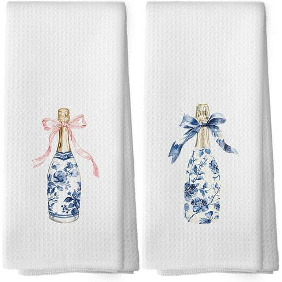 Chinoiserie Kitchen Towels - Coquette Bow Trendy Preppy Dish Towels, Blue and White Champagne Decorative Absorbent Dishcloths Hand Towels Set of 2 for Kitchen Bar Cart Decor 18x26 Inches