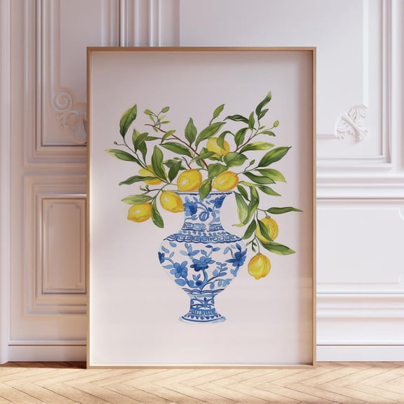 Chinoiserie Lemon Chinoiserie Blue Grand Millenial Mediterranean Lemon Fruit Kitchen Dining Room Cafe Bar Wall Decor Unframed Paper Print