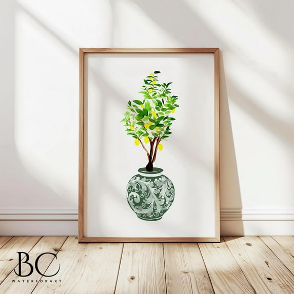 Chinoiserie Lemon Ginger Jar Print, Chinoiserie Ginger Jar Lemon Watercolor Art, Chinoiserie Citrus Tree, Lemon Wall Art, Lemon Print Decor Wall Art, Modern Wall Decor, 8x12 UNFRAMED