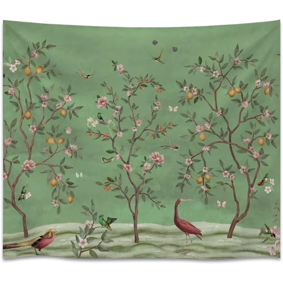 Chinoiserie Lemon Grove Tapestry Vintage Green Floral Wall Hanging with Fruit Trees Birds & Butterflies Elegant Botanical Art Decor 30x40inch
