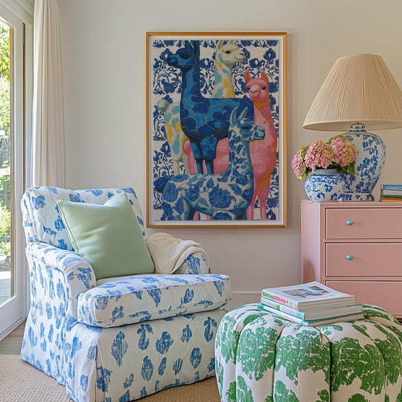 Chinoiserie Llama Art Print, Blue Pink Maximalist Decor, Whimsical Animal Unframed Paper Print