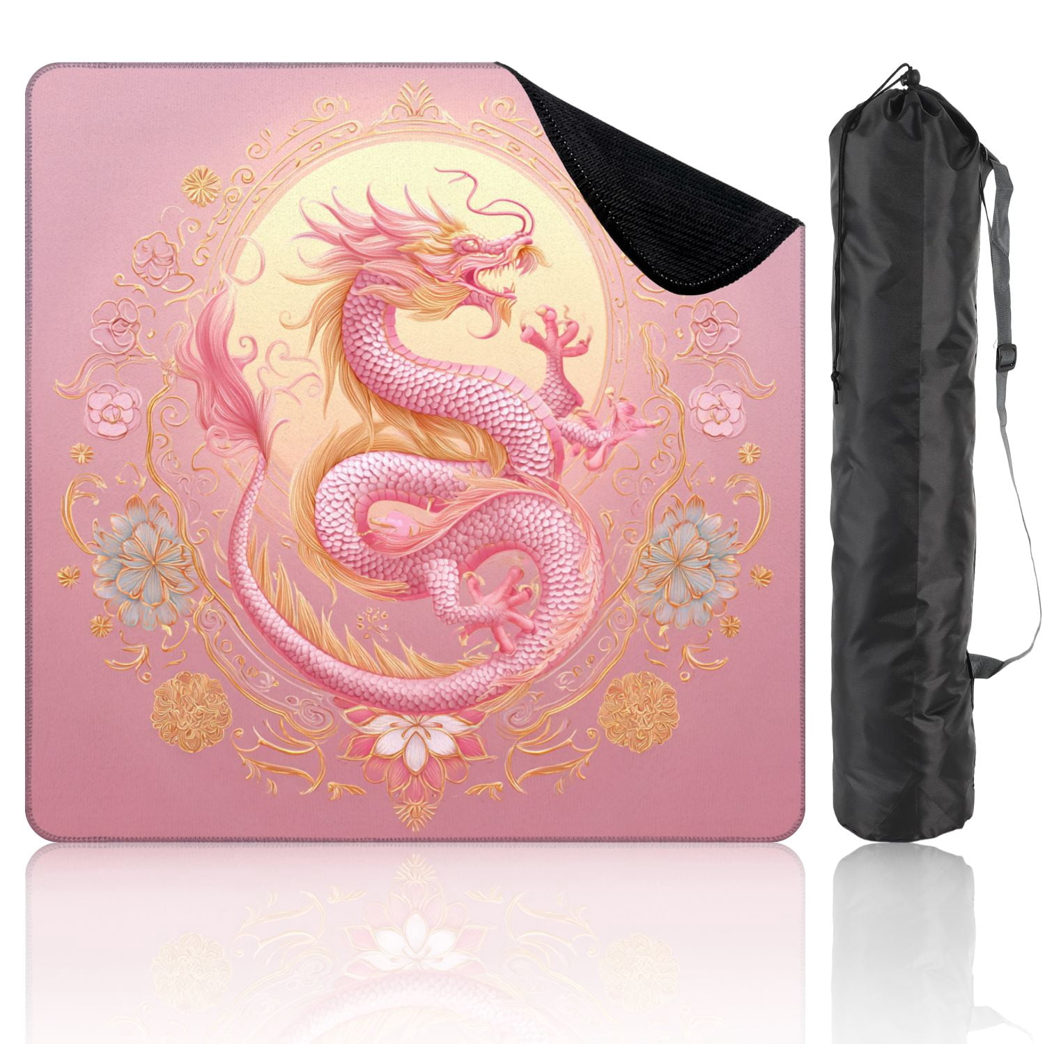 Chinoiserie Mahjong Mat 31.5" x 31.5" Golden Chinese Dragon Art Pink Gold Elements Non-Slip Noise Reduction Mahjong Tiles Table Cover for Dominoes Poker Card Board and Tile Games