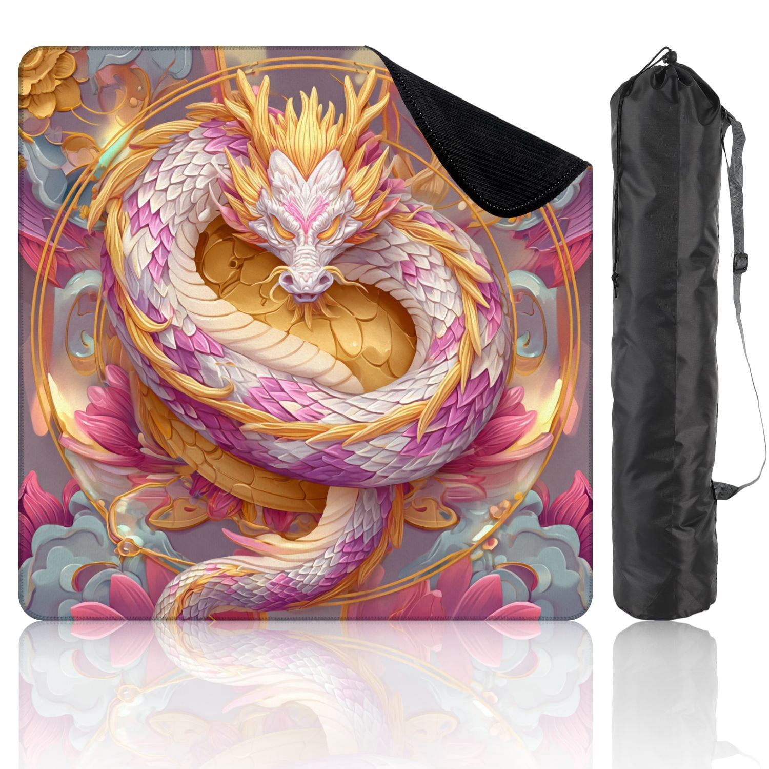 Chinoiserie Mahjong Mat 31.5" x 31.5" Golden Chinese Dragon Floral Patterns Soft Pink Gradient Non-Slip Noise Reduction Mahjong Tiles Table Cover for Dominoes Poker Card Board and Tile Games