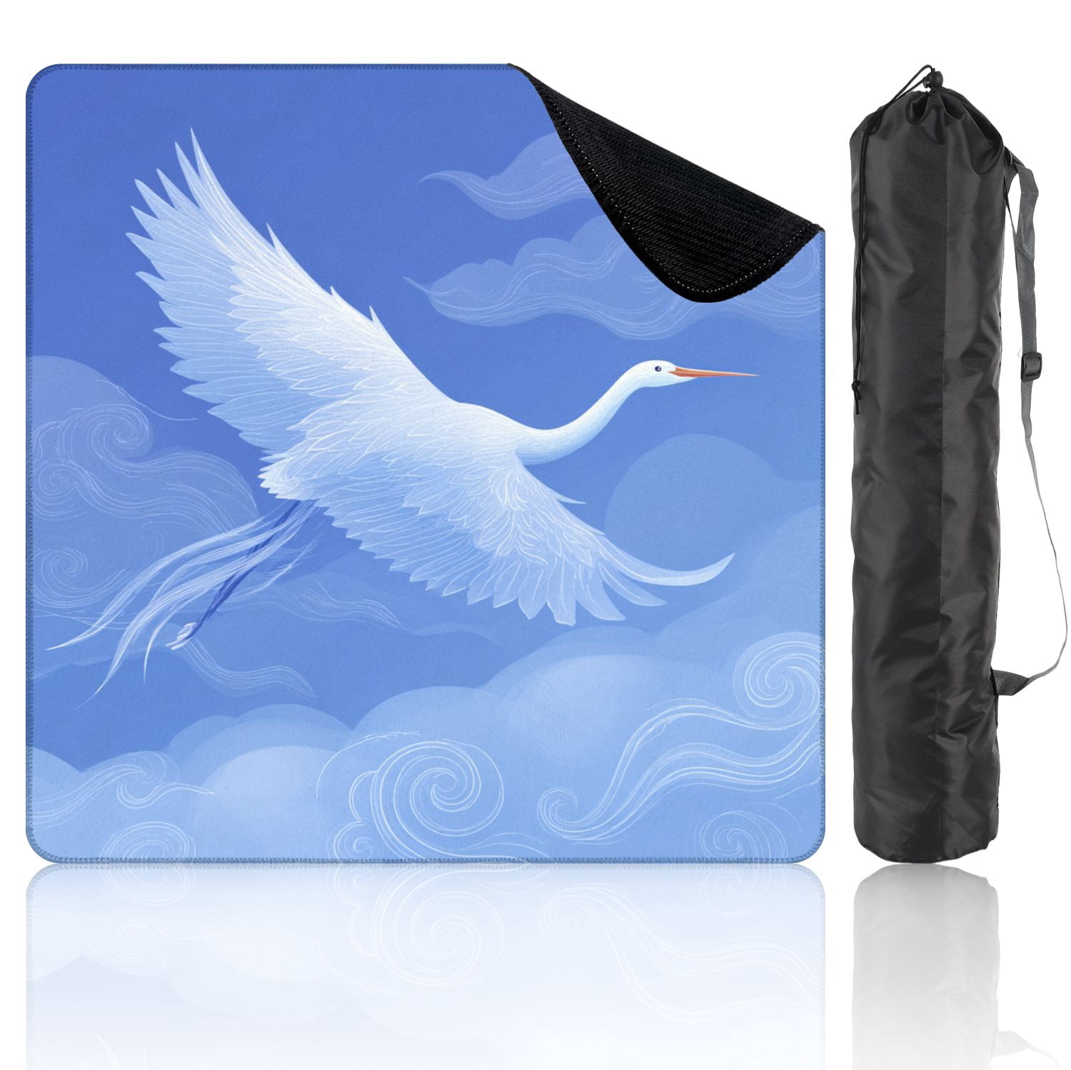Chinoiserie Mahjong Mat 31.5" x 31.5" Graceful Crane Minimalistic Blue Sky Whimsical Cloud Patterns Non-Slip Noise Reduction Mahjong Tiles Table Cover for Dominoes Poker Card Board and Tile Games