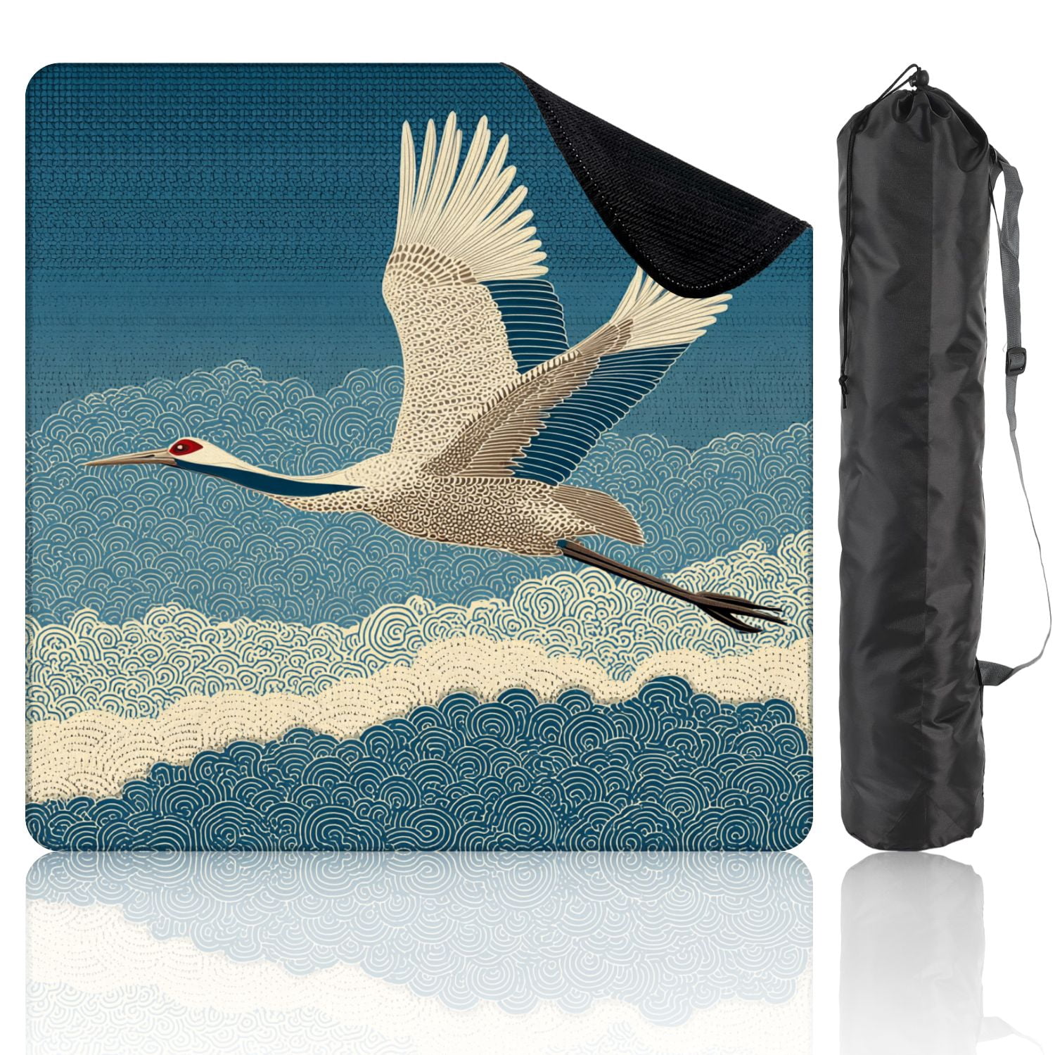 Chinoiserie Mahjong Mat 31.5" x 31.5" Graceful Crane Tranquil Sky Framed Circular Clouds Non-Slip Noise Reduction Mahjong Tiles Table Cover for Dominoes Poker Card Board and Tile Games